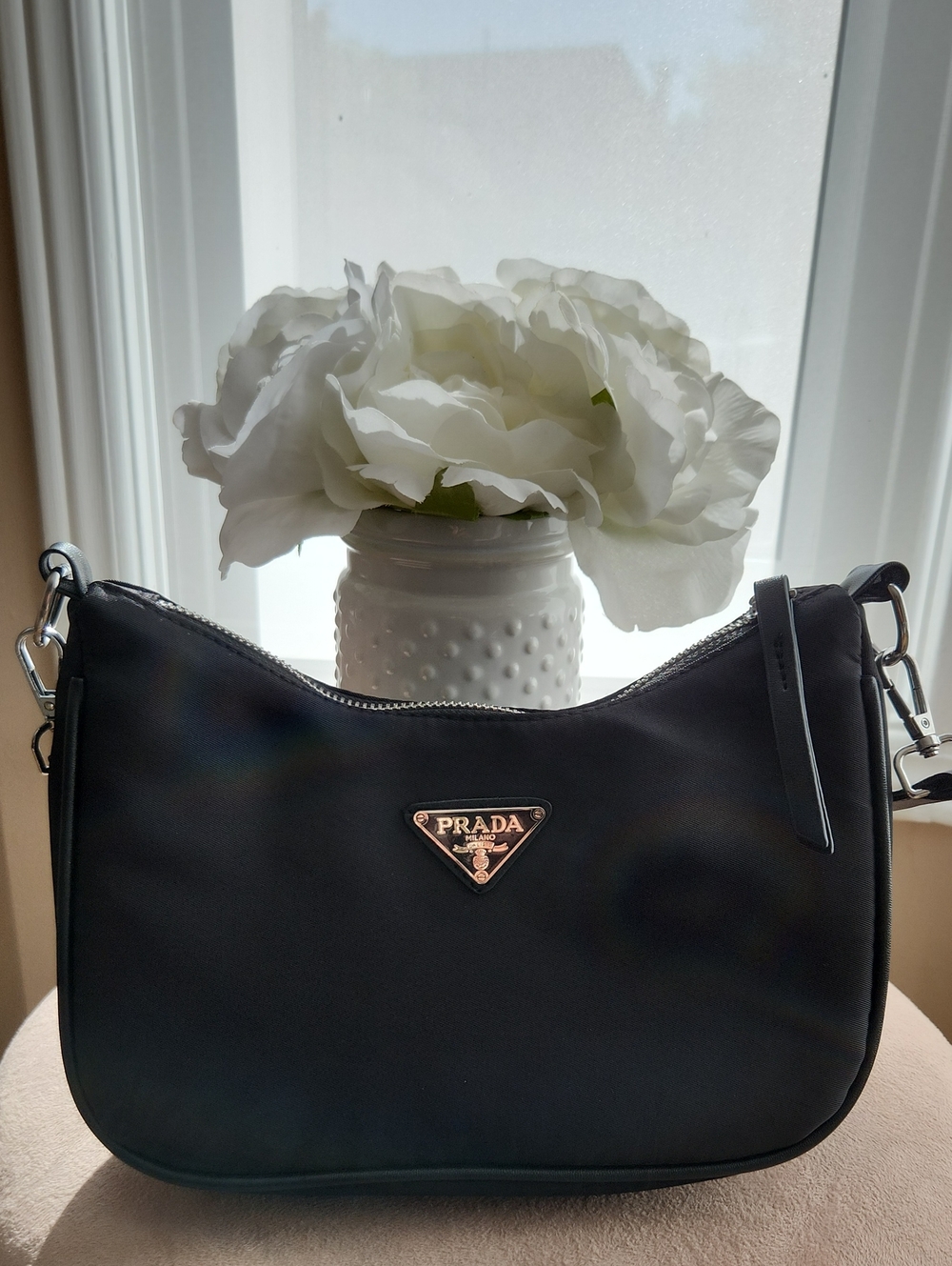 Black Nylon Small Crossbody Bag with Logo Plaque